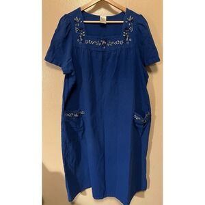 Vtg Blair House Dress MuuMuu Blue Embroidered Funky Pockets Flowers Womens Sz XL